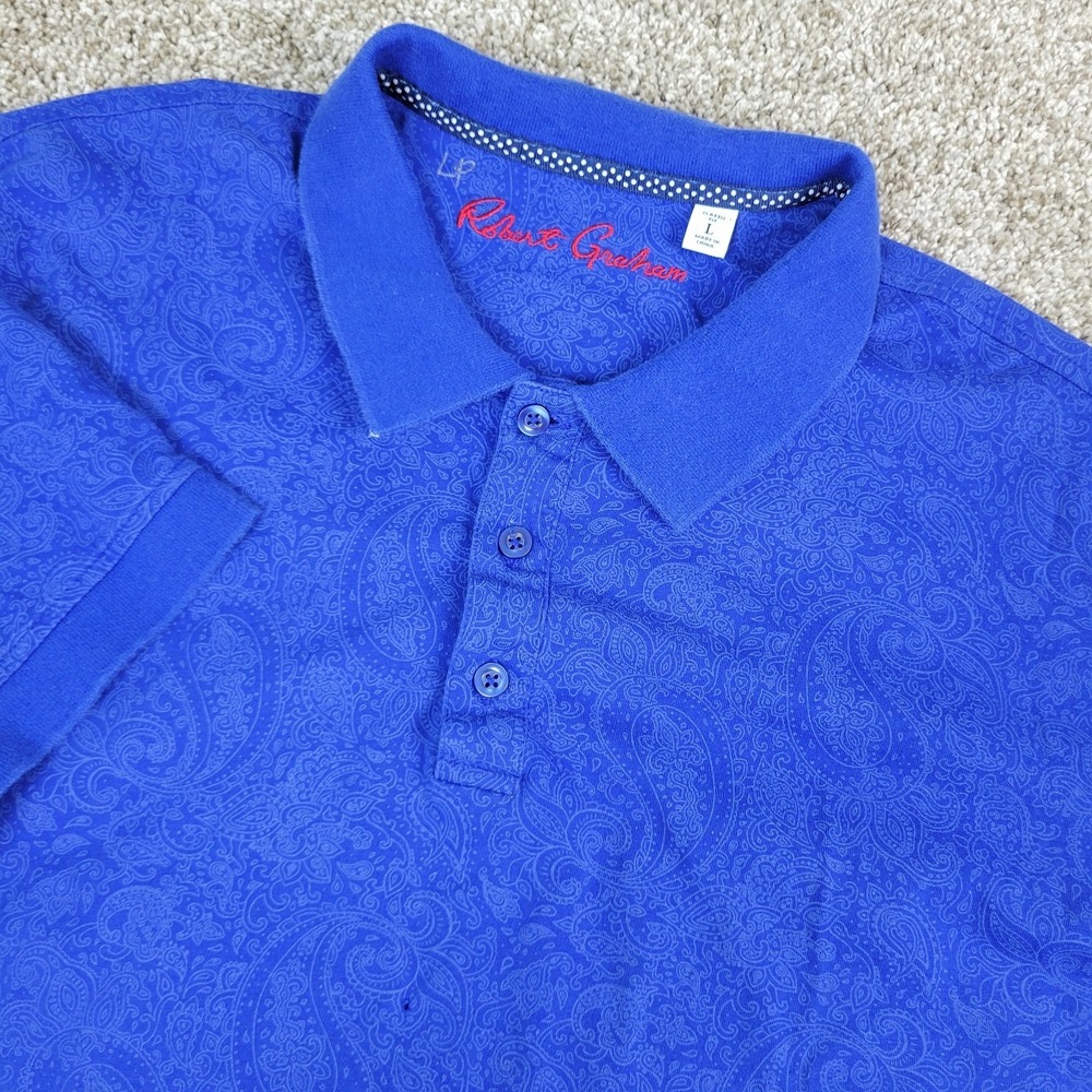 Robert Graham Mens Large Blue AOP Paisley Stretch Knit Polo Short Sleeve
